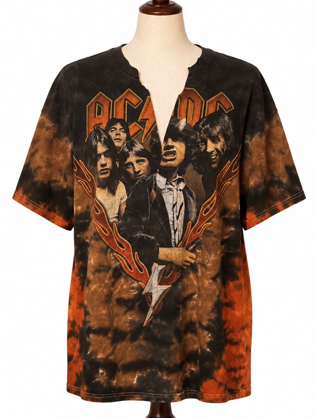 Thrashed AC/DC Unisex Black and Brown Tie-Dye Band Tee-XXL